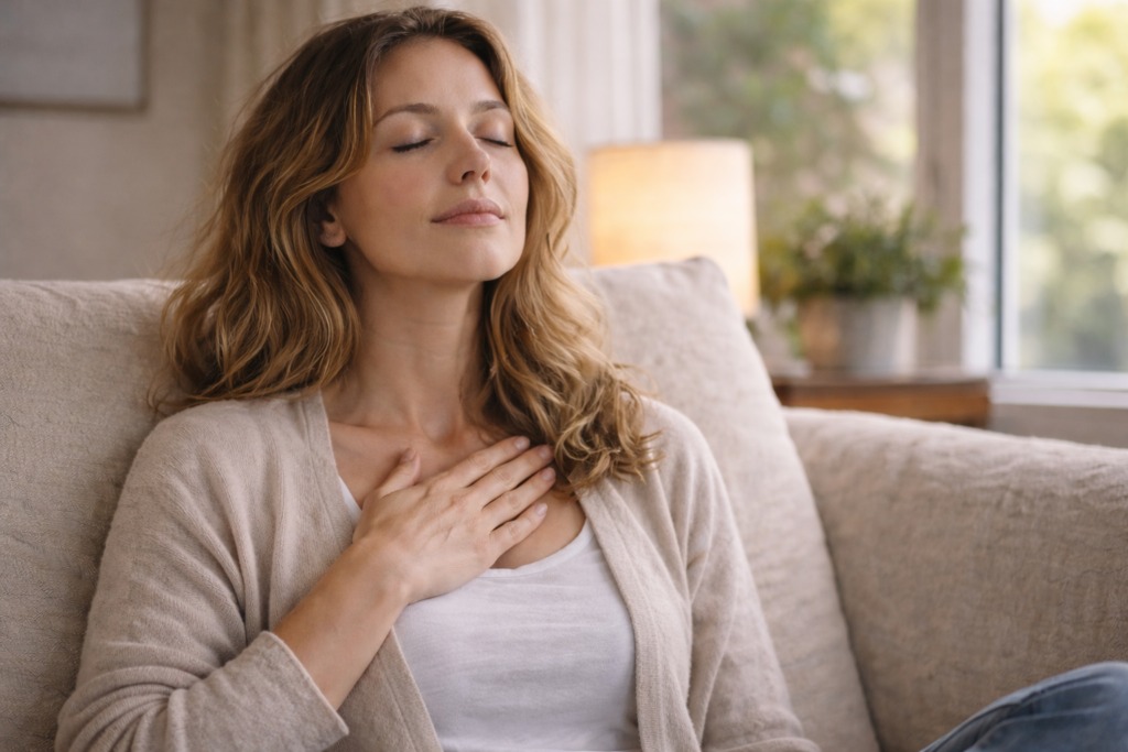 Mulher com a mão no peito respirando profundamente em um ambiente calmo, representando prática consciente para acalmar a mente e sair do ciclo da ansiedade
