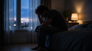Pessoa em ambiente tranquilo à noite com expressão pensativa devido à mente acelerada e dificuldade para relaxar