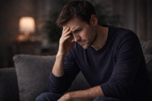 Pessoa pensativa com expressão de indecisão representando excesso de pensamento e dificuldade de agir