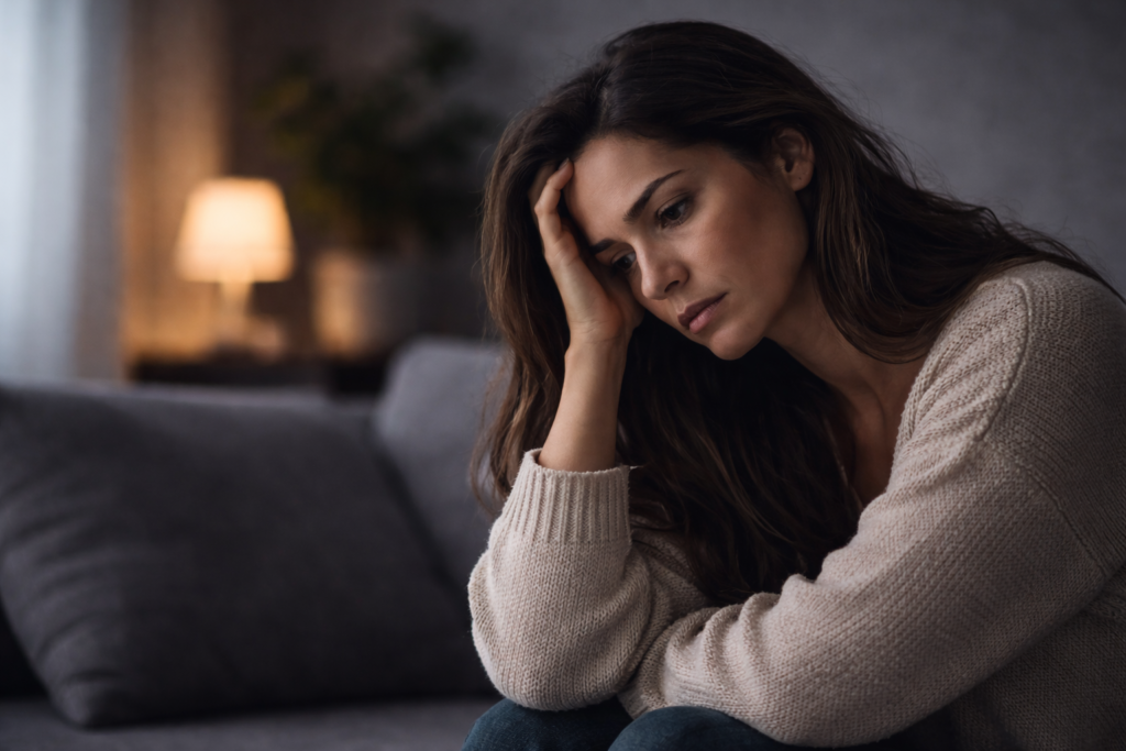 Mulher com expressão de preocupação e cansaço mental sentada no sofá com a mão na cabeça