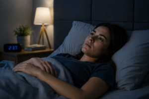 Pessoa deitada na cama acordada olhando para o teto com expressão cansada e mente acelerada durante a noite