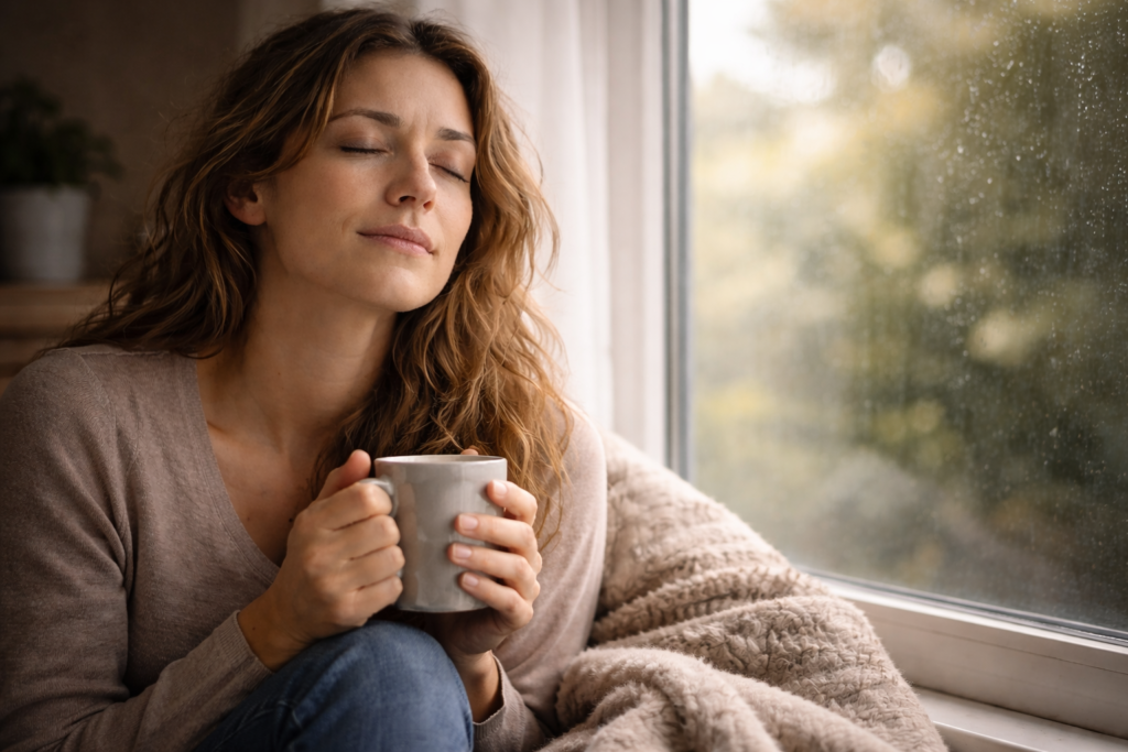 Mulher em momento de pausa com os olhos fechados segurando uma xícara próxima à janela, representando calma mental e início do controle dos pensamentos