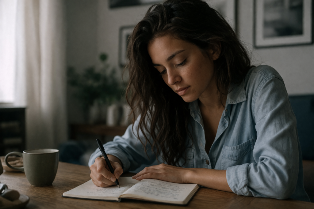 Mulher escrevendo em um caderno com expressão concentrada em ambiente doméstico, representando organização mental e busca por clareza emocional