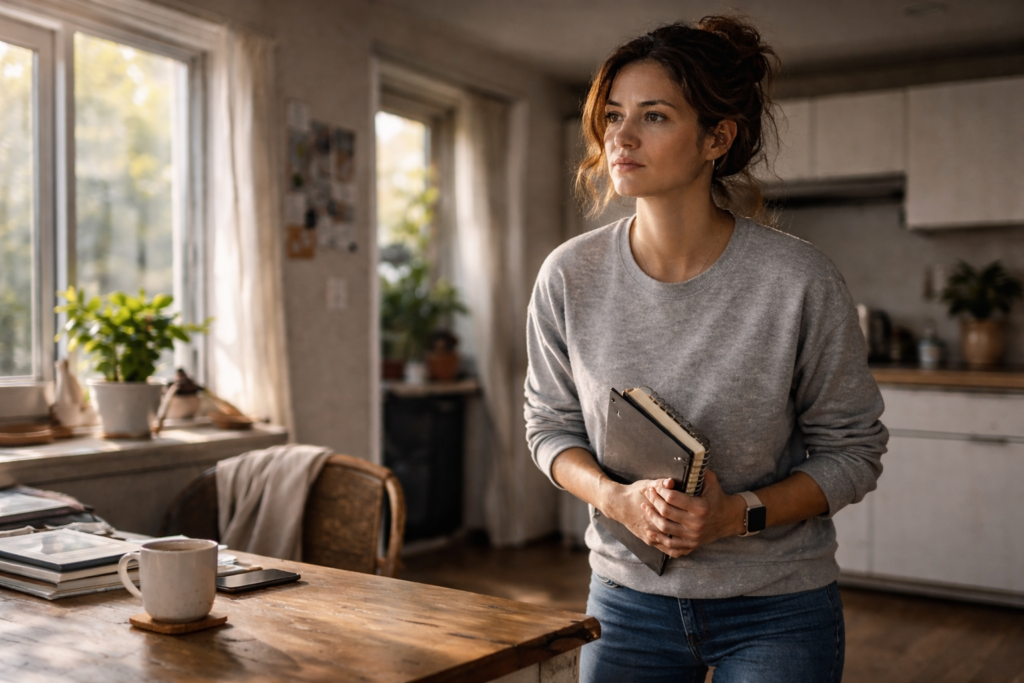 Mulher em pé segurando um caderno com expressão determinada, representando decisão de mudar e sair do ciclo da ansiedade