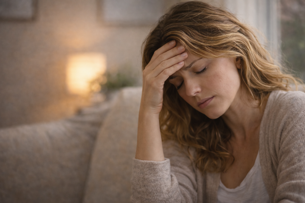 Mulher com expressão de cansaço mental segurando a cabeça enquanto está sentada no sofá, representando frustração por tentar melhorar e voltar ao mesmo estado emocional