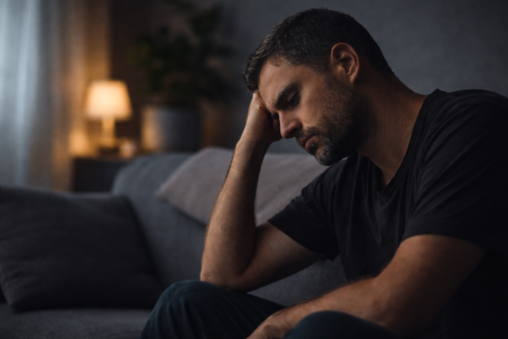 Homem com expressão de cansaço mental sentado no sofá em ambiente com luz baixa