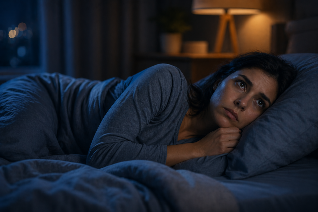 Mulher deitada na cama à noite com expressão pensativa e dificuldade para dormir causada por mente acelerada e ansiedade