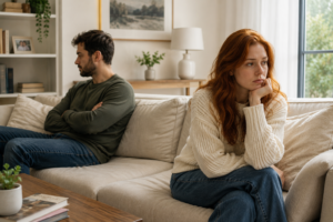Casal sentado no sofá emocionalmente distante em ambiente iluminado representando como a ansiedade afeta os relacionamentos sem perceber