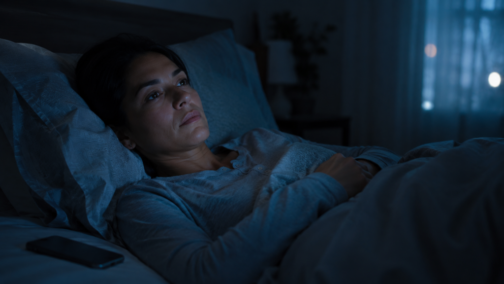 Pessoa deitada na cama no escuro com os olhos abertos, corpo cansado mas mente alerta — representando a dificuldade de dormir em quem tem TDAH
