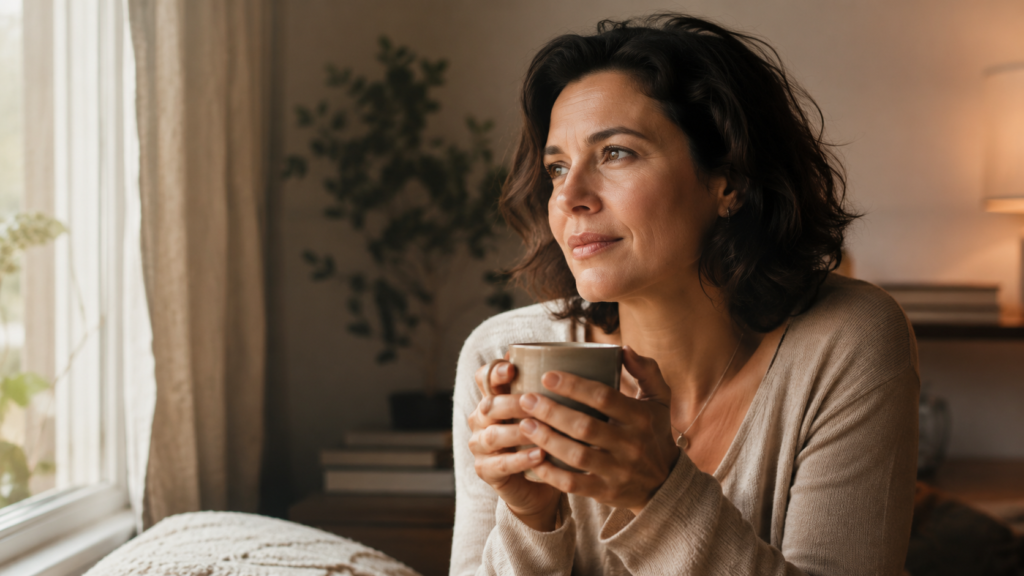 Mulher madura segurando uma xícara de café perto da janela, refletindo em um ambiente aconchegante e iluminado por luz natural.