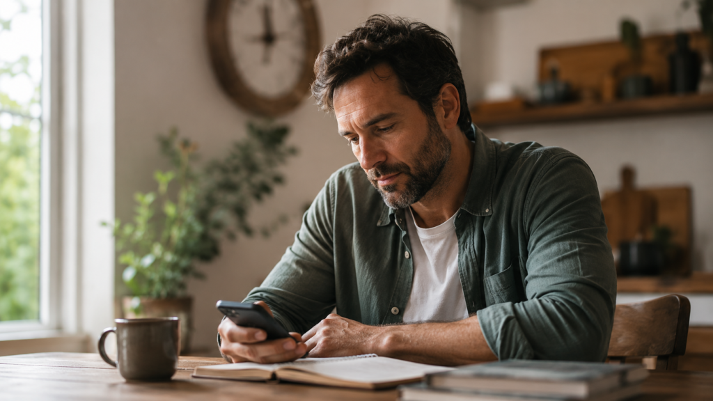 Homem adulto olhando para o celular com expressão de reconhecimento e reflexão — representando o momento de descoberta tardia do TDAH na vida adulta