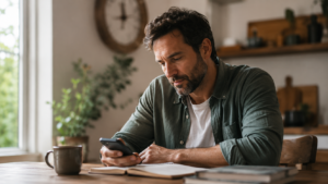 Homem adulto olhando para o celular com expressão de reconhecimento e reflexão — representando o momento de descoberta tardia do TDAH na vida adulta