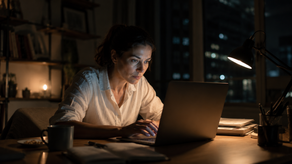 Pessoa absorvida em trabalho à noite, iluminada apenas pela tela do laptop — representando o estado de hiperfoco no TDAH